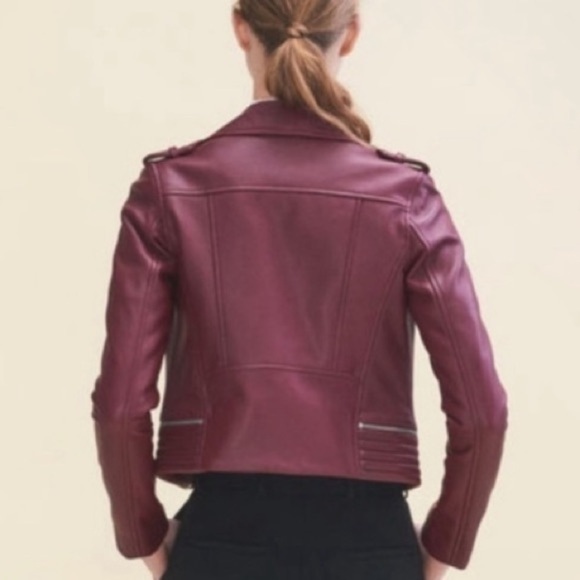 Maje Lamb Leather Bordeaux Basilta Moto Jacket NWOT in Burgundy - Picture 6 of 15